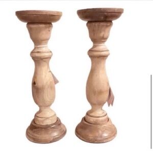 NWT- Decorative Hand Crafted Wooden Pillar Candle Holders, Set of 2
